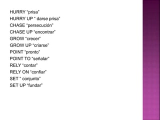 HURRY “prisa”
HURRY UP “ darse prisa”
CHASE “persecución”
CHASE UP “encontrar”
GROW “crecer”
GROW UP “criarse”
POINT “pronto”
POINT TO “señalar”
RELY “contar”
RELY ON “confiar”
SET “ conjunto”
SET UP “fundar”