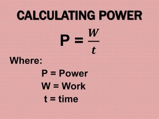 CALCULATING POWER
P =
𝑾
𝒕
Where:
P = Power
W = Work
t = time