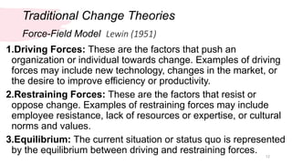 Traditional Change Theories
12
1.Driving Forces: These are the factors that push an
organization or individual towards change. Examples of driving
forces may include new technology, changes in the market, or
the desire to improve efficiency or productivity.
2.Restraining Forces: These are the factors that resist or
oppose change. Examples of restraining forces may include
employee resistance, lack of resources or expertise, or cultural
norms and values.
3.Equilibrium: The current situation or status quo is represented
by the equilibrium between driving and restraining forces.
Force-Field Model Lewin (1951)
 