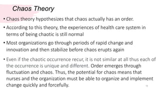 Chaos Theory
18
• Chaos theory hypothesizes that chaos actually has an order.
• According to this theory, the experiences of health care system in
terms of being chaotic is still normal
• Most organizations go through periods of rapid change and
innovation and then stabilize before chaos erupts again
• Even if the chaotic occurrence recur, it is not similar at all thus each of
the occurrence is unique and different. Order emerges through
fluctuation and chaos. Thus, the potential for chaos means that
nurses and the organization must be able to organize and implement
change quickly and forcefully.
 