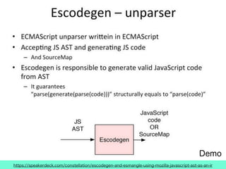 https://speakerdeck.com/constellation/escodegen-and-esmangle-using-mozilla-javascript-ast-as-an-ir
 