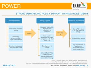Policy support
Electricity Act (2003):
highly liberal
framework for
generation
Fuel supply
agreement of power
companies with Coal
India Ltd
Development of
UMPPs
Increase in industrial
activity
Increasing investments
Rising FDI inflows
(USD536 million in
FY13)
Growing M&A activity
Large investments in
equipment
manufacture and
power generation
Inviting Resulting
in
Increasing
penetration, per-
capita consumption
Growing middle class
and consumer base
Growing demand
National Tariff Policy
(2006): private
investment through
competitive bidding
Source: Corporate Catalyst India, Ministry of Power, Aranca Research,
Notes: FDI - Foreign Direct Investment, M&A - Merger and Acquisition,
R-APDRP - Restructured Accelerated Power Development and Reform Programme, T&D - Transmission and Distribution
 