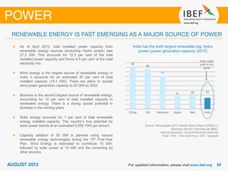 Source: Renewables 2012 Global Status Report (REN21),
Business Monitor International (BMI),
Aranca Research, Central Electricity Authority
Note: TWh - Tera Watt Hour; GW - Gigawatt
India has the sixth largest renewable (eg, hydro
power) power generation capacity (2012)
As of April 2013, total installed power capacity from
renewable energy sources (excluding Hydro power) was
27.5 GW. This accounts for 12.3 per cent of the total
installed power capacity and forms 6.5 per cent of the total
electricity mix
Wind energy is the largest source of renewable energy in
India; it accounts for an estimated 87 per cent of total
installed capacity (18.3 GW). There are plans to double
wind power generation capacity to 20 GW by 2022
Biomass is the second largest source of renewable energy,
accounting for 12 per cent of total installed capacity in
renewable energy. There is a strong upside potential in
biomass in the coming years
Solar energy accounts for 1 per cent of total renewable
energy installed capacity. The country’s true potential for
solar power stands at an estimated 5,000 TWh per annum
Capacity addition of 30 GW is planned using various
renewable energy technologies during the 12th Five-Year
Plan. Wind Energy is estimated to contribute 15 GW,
followed by solar power at 10 GW and the remaining by
other sources
90
86
71
31 29 24
China US Germany Spain Italy India
India ranks
sixth in the
world
 