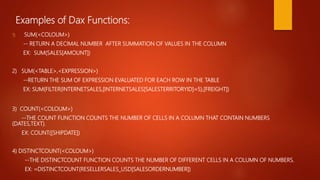 Examples of Dax Functions:
1) SUM(<COLOUM>)
-- RETURN A DECIMAL NUMBER AFTER SUMMATION OF VALUES IN THE COLUMN
EX: SUM(SALES[AMOUNT])
2) SUM(<TABLE>,<EXPRESSION>)
--RETURN THE SUM OF EXPRESSION EVALUATED FOR EACH ROW IN THE TABLE
EX: SUM(FILTER(INTERNETSALES,[INTERNETSALES[SALESTERRITORYID]=5),[FREIGHT])
3) COUNT(<COLOUM>)
--THE COUNT FUNCTION COUNTS THE NUMBER OF CELLS IN A COLUMN THAT CONTAIN NUMBERS
(DATES,TEXT).
EX: COUNT([SHIPDATE])
4) DISTINCTCOUNT(<COLOUM>)
--THE DISTINCTCOUNT FUNCTION COUNTS THE NUMBER OF DIFFERENT CELLS IN A COLUMN OF NUMBERS.
EX: =DISTINCTCOUNT(RESELLERSALES_USD[SALESORDERNUMBER])
 