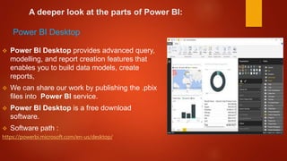 A deeper look at the parts of Power BI:
Power BI Desktop
 Power BI Desktop provides advanced query,
modelling, and report creation features that
enables you to build data models, create
reports,
 We can share our work by publishing the .pbix
files into Power BI service.
 Power BI Desktop is a free download
software.
 Software path :
https://powerbi.microsoft.com/en-us/desktop/
 
