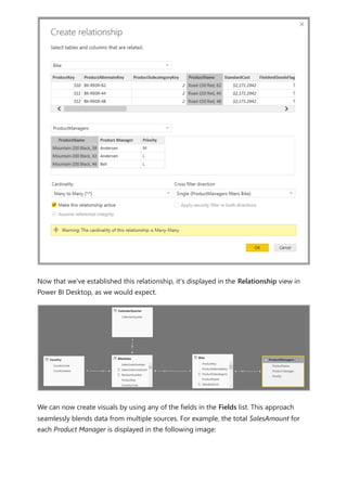 Now that we've established this relationship, it's displayed in the Relationship view in
Power BI Desktop, as we would expect.
We can now create visuals by using any of the fields in the Fields list. This approach
seamlessly blends data from multiple sources. For example, the total SalesAmount for
each Product Manager is displayed in the following image:
 