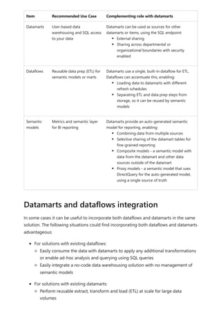 Item Recommended Use Case Complementing role with datamarts
Datamarts User-based data
warehousing and SQL access
to your data
Datamarts can be used as sources for other
datamarts or items, using the SQL endpoint:
External sharing
Sharing across departmental or
organizational boundaries with security
enabled
Dataflows Reusable data prep (ETL) for
semantic models or marts
Datamarts use a single, built-in dataflow for ETL.
Dataflows can accentuate this, enabling:
Loading data to datamarts with different
refresh schedules
Separating ETL and data prep steps from
storage, so it can be reused by semantic
models
Semantic
models
Metrics and semantic layer
for BI reporting
Datamarts provide an auto-generated semantic
model for reporting, enabling:
Combining data from multiple sources
Selective sharing of the datamart tables for
fine-grained reporting
Composite models - a semantic model with
data from the datamart and other data
sources outside of the datamart
Proxy models - a semantic model that uses
DirectQuery for the auto-generated model,
using a single source of truth
In some cases it can be useful to incorporate both dataflows and datamarts in the same
solution. The following situations could find incorporating both dataflows and datamarts
advantageous:
For solutions with existing dataflows:
Easily consume the data with datamarts to apply any additional transformations
or enable ad-hoc analysis and querying using SQL queries
Easily integrate a no-code data warehousing solution with no management of
semantic models
For solutions with existing datamarts:
Perform reusable extract, transform and load (ETL) at scale for large data
volumes
Datamarts and dataflows integration
 
