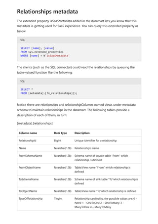 The extended property isSaaSMetadata added in the datamart lets you know that this
metadata is getting used for SaaS experience. You can query this extended property as
below:
SQL
The clients (such as the SQL connector) could read the relationships by querying the
table-valued function like the following:
SQL
Notice there are relationships and relationshipColumns named views under metadata
schema to maintain relationships in the datamart. The following tables provide a
description of each of them, in turn:
[metadata].[relationships]
Column name Data type Description
RelationshipId Bigint Unique identifier for a relationship
Name Nvarchar(128) Relationship's name
FromSchemaName Nvarchar(128) Schema name of source table "From" which
relationship is defined.
FromObjectName Nvarchar(128) Table/View name "From" which relationship is
defined
ToSchemaName Nvarchar(128) Schema name of sink table "To"which relationship is
defined
ToObjectName Nvarchar(128) Table/View name "To"which relationship is defined
TypeOfRelationship Tinyint Relationship cardinality, the possible values are: 0 –
None 1 – OneToOne 2 – OneToMany 3 –
ManyToOne 4 – ManyToMany
Relationships metadata
SELECT [name], [value]
FROM sys.extended_properties
WHERE [name] = N'isSaaSMetadata'
SELECT *
FROM [metadata].[fn_relationships]();
 