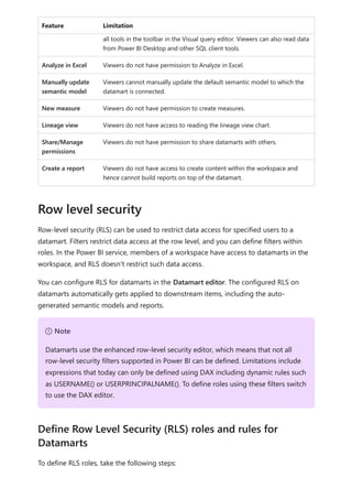 Feature Limitation
all tools in the toolbar in the Visual query editor. Viewers can also read data
from Power BI Desktop and other SQL client tools.
Analyze in Excel Viewers do not have permission to Analyze in Excel.
Manually update
semantic model
Viewers cannot manually update the default semantic model to which the
datamart is connected.
New measure Viewers do not have permission to create measures.
Lineage view Viewers do not have access to reading the lineage view chart.
Share/Manage
permissions
Viewers do not have permission to share datamarts with others.
Create a report Viewers do not have access to create content within the workspace and
hence cannot build reports on top of the datamart.
Row-level security (RLS) can be used to restrict data access for specified users to a
datamart. Filters restrict data access at the row level, and you can define filters within
roles. In the Power BI service, members of a workspace have access to datamarts in the
workspace, and RLS doesn't restrict such data access.
You can configure RLS for datamarts in the Datamart editor. The configured RLS on
datamarts automatically gets applied to downstream items, including the auto-
generated semantic models and reports.
To define RLS roles, take the following steps:
Row level security
７ Note
Datamarts use the enhanced row-level security editor, which means that not all
row-level security filters supported in Power BI can be defined. Limitations include
expressions that today can only be defined using DAX including dynamic rules such
as USERNAME() or USERPRINCIPALNAME(). To define roles using these filters switch
to use the DAX editor.
Define Row Level Security (RLS) roles and rules for
Datamarts
 