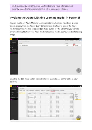 You can invoke any Azure Machine Learning model to which you have been granted
access, directly from the Power Query Editor in your dataflow. To access the Azure
Machine Learning models, select the Edit Table button for the table that you want to
enrich with insights from your Azure Machine Learning model, as shown in the following
image.
Selecting the Edit Table button opens the Power Query Editor for the tables in your
dataflow.
Models created by using the Azure Machine Learning visual interface don't
currently support schema generation but will in subsequent releases.
Invoking the Azure Machine Learning model in Power BI


 
