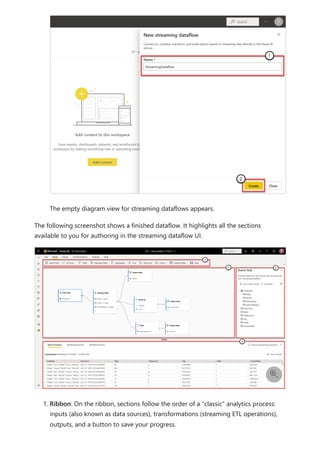The empty diagram view for streaming dataflows appears.
The following screenshot shows a finished dataflow. It highlights all the sections
available to you for authoring in the streaming dataflow UI.
1. Ribbon: On the ribbon, sections follow the order of a "classic" analytics process:
inputs (also known as data sources), transformations (streaming ETL operations),
outputs, and a button to save your progress.

 
