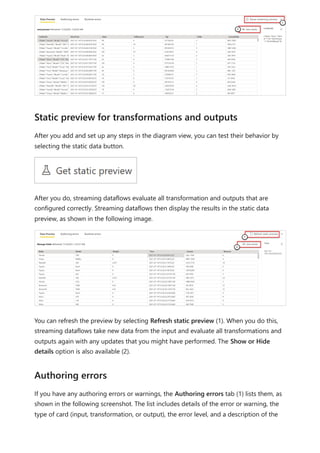 After you add and set up any steps in the diagram view, you can test their behavior by
selecting the static data button.
After you do, streaming dataflows evaluate all transformation and outputs that are
configured correctly. Streaming dataflows then display the results in the static data
preview, as shown in the following image.
You can refresh the preview by selecting Refresh static preview (1). When you do this,
streaming dataflows take new data from the input and evaluate all transformations and
outputs again with any updates that you might have performed. The Show or Hide
details option is also available (2).
If you have any authoring errors or warnings, the Authoring errors tab (1) lists them, as
shown in the following screenshot. The list includes details of the error or warning, the
type of card (input, transformation, or output), the error level, and a description of the
Static preview for transformations and outputs
Authoring errors
 