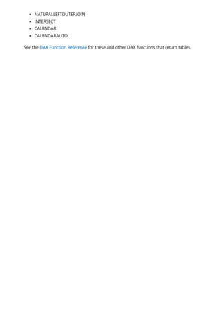 NATURALLEFTOUTERJOIN
INTERSECT
CALENDAR
CALENDARAUTO
See the DAX Function Reference for these and other DAX functions that return tables.
 