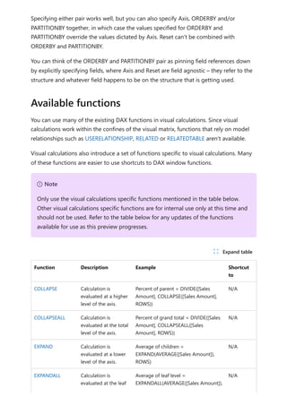 Specifying either pair works well, but you can also specify Axis, ORDERBY and/or
PARTITIONBY together, in which case the values specified for ORDERBY and
PARTITIONBY override the values dictated by Axis. Reset can't be combined with
ORDERBY and PARTITIONBY.
You can think of the ORDERBY and PARTITIONBY pair as pinning field references down
by explicitly specifying fields, where Axis and Reset are field agnostic – they refer to the
structure and whatever field happens to be on the structure that is getting used.
You can use many of the existing DAX functions in visual calculations. Since visual
calculations work within the confines of the visual matrix, functions that rely on model
relationships such as USERELATIONSHIP, RELATED or RELATEDTABLE aren't available.
Visual calculations also introduce a set of functions specific to visual calculations. Many
of these functions are easier to use shortcuts to DAX window functions.
Function Description Example Shortcut
to
COLLAPSE Calculation is
evaluated at a higher
level of the axis.
Percent of parent = DIVIDE([Sales
Amount], COLLAPSE([Sales Amount],
ROWS))
N/A
COLLAPSEALL Calculation is
evaluated at the total
level of the axis.
Percent of grand total = DIVIDE([Sales
Amount], COLLAPSEALL([Sales
Amount], ROWS))
N/A
EXPAND Calculation is
evaluated at a lower
level of the axis.
Average of children =
EXPAND(AVERAGE([Sales Amount]),
ROWS)
N/A
EXPANDALL Calculation is
evaluated at the leaf
Average of leaf level =
EXPANDALL(AVERAGE([Sales Amount]),
N/A
Available functions
７ Note
Only use the visual calculations specific functions mentioned in the table below.
Other visual calculations specific functions are for internal use only at this time and
should not be used. Refer to the table below for any updates of the functions
available for use as this preview progresses.
ﾉ Expand table
 