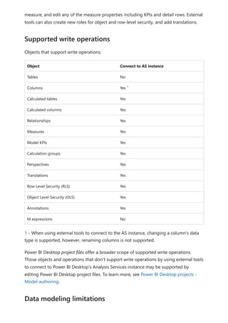 measure, and edit any of the measure properties including KPIs and detail rows. External
tools can also create new roles for object and row-level security, and add translations.
Objects that support write operations:
Object Connect to AS instance
Tables No
Columns Yes
Calculated tables Yes
Calculated columns Yes
Relationships Yes
Measures Yes
Model KPIs Yes
Calculation groups Yes
Perspectives Yes
Translations Yes
Row Level Security (RLS) Yes
Object Level Security (OLS) Yes
Annotations Yes
M expressions No
1 - When using external tools to connect to the AS instance, changing a column's data
type is supported, however, renaming columns is not supported.
Power BI Desktop project files offer a broader scope of supported write operations.
Those objects and operations that don't support write operations by using external tools
to connect to Power BI Desktop's Analysis Services instance may be supported by
editing Power BI Desktop project files. To learn more, see Power BI Desktop projects -
Model authoring.
Supported write operations
1
Data modeling limitations
 