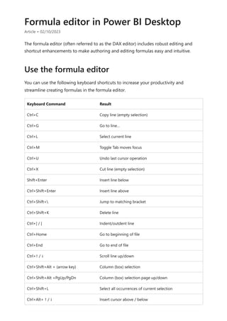 Formula editor in Power BI Desktop
Article • 02/10/2023
The formula editor (often referred to as the DAX editor) includes robust editing and
shortcut enhancements to make authoring and editing formulas easy and intuitive.
You can use the following keyboard shortcuts to increase your productivity and
streamline creating formulas in the formula editor.
Keyboard Command Result
Ctrl+C Copy line (empty selection)
Ctrl+G Go to line…
Ctrl+L Select current line
Ctrl+M Toggle Tab moves focus
Ctrl+U Undo last cursor operation
Ctrl+X Cut line (empty selection)
Shift+Enter Insert line below
Ctrl+Shift+Enter Insert line above
Ctrl+Shift+ Jump to matching bracket
Ctrl+Shift+K Delete line
Ctrl+] / [ Indent/outdent line
Ctrl+Home Go to beginning of file
Ctrl+End Go to end of file
Ctrl+↑ / ↓ Scroll line up/down
Ctrl+Shift+Alt + (arrow key) Column (box) selection
Ctrl+Shift+Alt +PgUp/PgDn Column (box) selection page up/down
Ctrl+Shift+L Select all occurrences of current selection
Ctrl+Alt+ ↑ / ↓ Insert cursor above / below
Use the formula editor
 