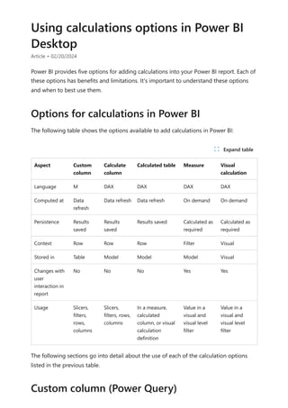 Using calculations options in Power BI
Desktop
Article • 02/20/2024
Power BI provides five options for adding calculations into your Power BI report. Each of
these options has benefits and limitations. It's important to understand these options
and when to best use them.
The following table shows the options available to add calculations in Power BI:
Aspect Custom
column
Calculate
column
Calculated table Measure Visual
calculation
Language M DAX DAX DAX DAX
Computed at Data
refresh
Data refresh Data refresh On demand On demand
Persistence Results
saved
Results
saved
Results saved Calculated as
required
Calculated as
required
Context Row Row Row Filter Visual
Stored in Table Model Model Model Visual
Changes with
user
interaction in
report
No No No Yes Yes
Usage Slicers,
filters,
rows,
columns
Slicers,
filters, rows,
columns
In a measure,
calculated
column, or visual
calculation
definition
Value in a
visual and
visual level
filter
Value in a
visual and
visual level
filter
The following sections go into detail about the use of each of the calculation options
listed in the previous table.
Options for calculations in Power BI
ﾉ Expand table
Custom column (Power Query)
 