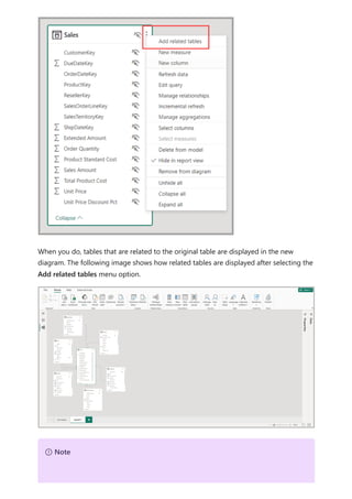 When you do, tables that are related to the original table are displayed in the new
diagram. The following image shows how related tables are displayed after selecting the
Add related tables menu option.
７ Note
 