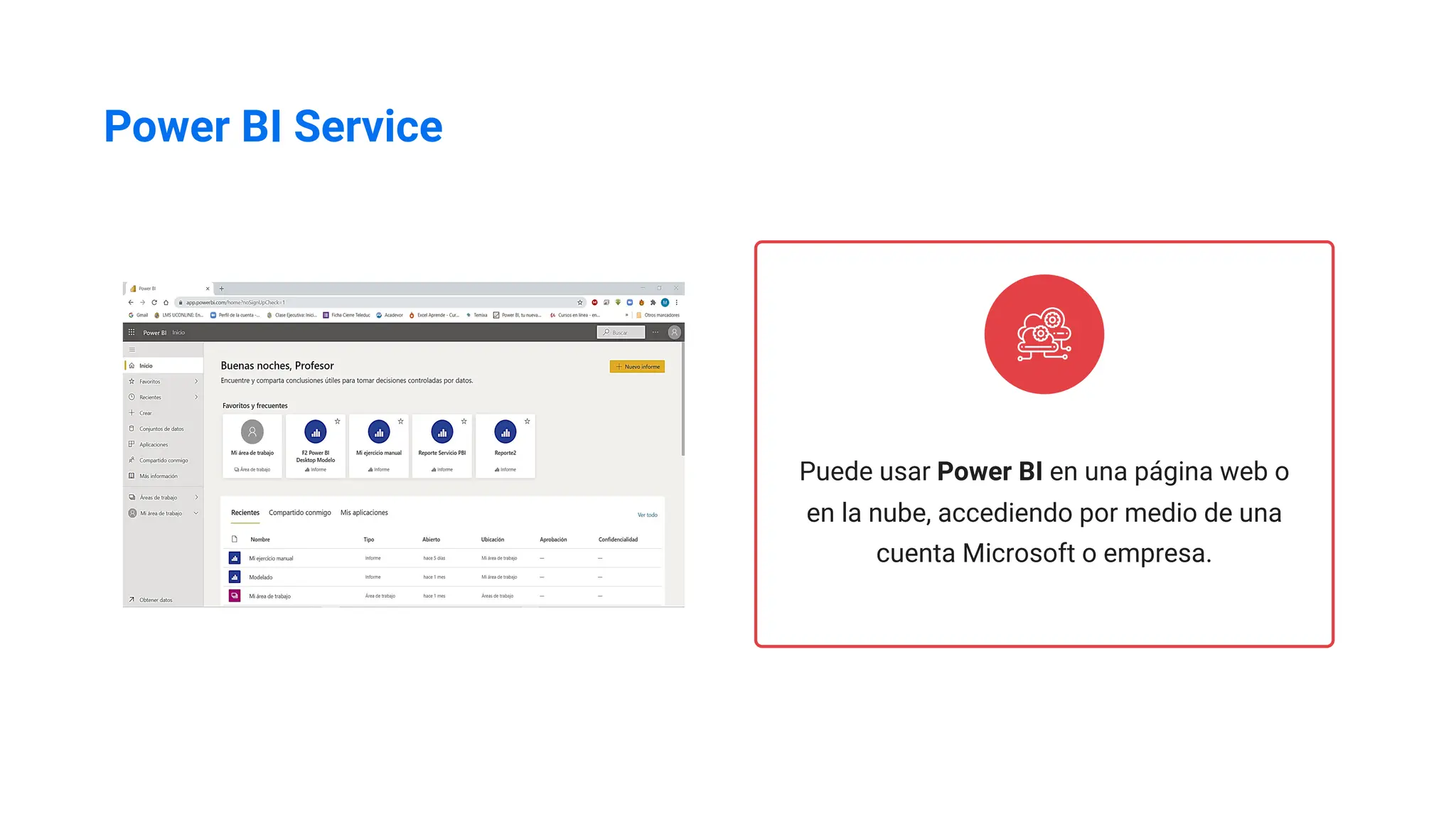 Power BI Service
Puede usar Power BI en una página web o
en la nube, accediendo por medio de una
cuenta Microsoft o empresa.
 