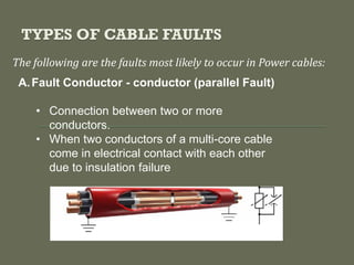 The following are the faults most likely to occur in Power cables:
A.Fault Conductor - conductor (parallel Fault)
• Connection between two or more
conductors.
• When two conductors of a multi-core cable
come in electrical contact with each other
due to insulation failure
TYPES OF CABLE FAULTS
 