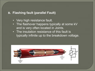 B. Flashing fault (parallel Fault)
• Very high resistance fault.
• The flashover happens typically at some kV
and is very often located in Joints.
• The insulation resistance of this fault is
typically infinite up to the breakdown voltage.
 