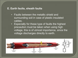 E. Earth faults, sheath faults
• Faults between the metallic shield and
surrounding soil in case of plastic insulated
cables.
• Especially for these type of faults the highest
precaution must be taken when using high
voltage, this is of utmost importance, since the
voltage discharges directly to earth.
 