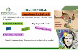 ERA INDUSTRIAL
• Educación para ganar dinero siendo un miembro productivo de la sociedad.
Educación académica
• En la era Industrial, todo lo que se necesitaba para tener éxito eran 2 tipos
de educación:
Educación profesional:
Atrapados por ir a la Escuela
• Atrapados por ir a la Escuela
 
