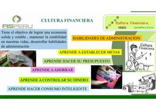 CULTURA FINANCIERA
HABILIDADES DE ADMINISTRACION
APRENDE A ESTABLECER METAS
APRENDE HACER SU PRESUPUESTO
APRENDE HACER CONSUMO INTELIGENTE
APRENDE AAHORRAR
APRENDE A CONTROLAR SU DINERO
Tiene el objetivo de lograr una economía
solida y estable , mantener la estabilidad
en nuestras vidas, desarrollar habilidades
de administración
VIDEO
 