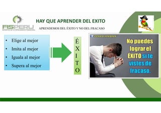 HAY QUE APRENDER DEL EXITO
• Elige al mejor
• Imita al mejor
• Iguala al mejor
• Supera al mejor
APRENDEMOS DEL ÉXITO Y NO DEL FRACASO
É
X
I
T
O
 