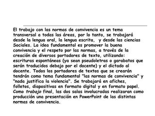 El trabajo con las normas de convivencia es un tema
transversal a todas las áreas, por lo tanto, se trabajará
desde la lengua oral, la lengua escrita, y desde las ciencias
Sociales. La idea fundamental es promover la buena
convivencia y el respeto por las normas, a través de la
creación de diversos portadores de texto, utilizando:
escrituras espontáneas (ya sean pseudoletras o garabatos que
serán traducidos debajo por el docente) y el dictado al
docente. Todos los portadores de textos que se crearán
tendrán como tema fundamental "las normas de convivencia" y
"nada justifica la violencia". Se trabajará en afiches,
folletos, diapositivas en formato digital y en formato papel.
Como trabajo final, las dos salas involucradas realizaran como
producción una presentación en PowerPoint de las distintas
normas de convivencia.
 