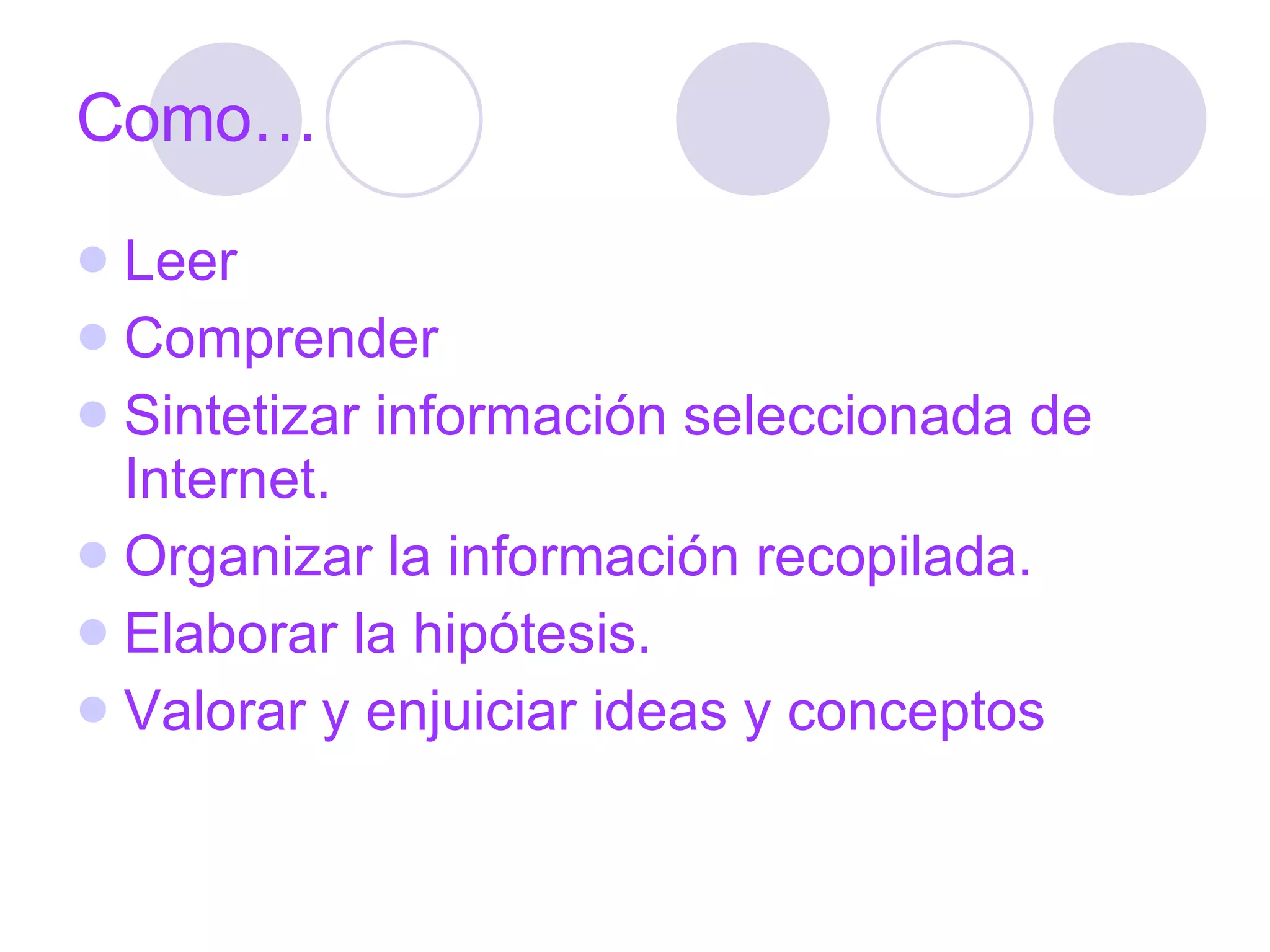 Como… Leer Comprender Sintetizar información seleccionada de Internet. Organizar la información recopilada. Elaborar la hipótesis. Valorar y enjuiciar ideas y conceptos 