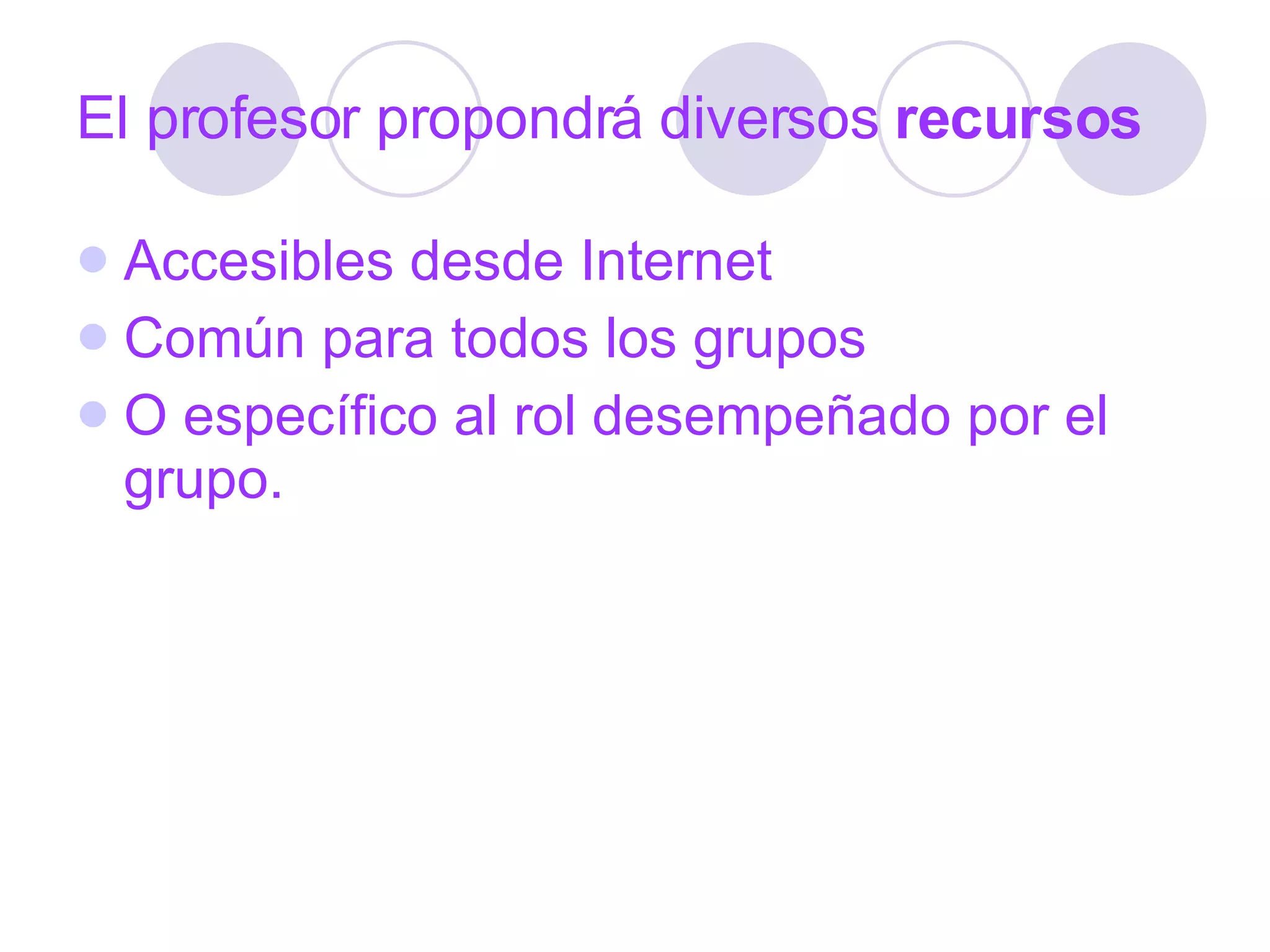 El profesor propondrá diversos  recursos Accesibles desde Internet Común para todos los grupos O específico al rol desempeñado por el grupo. 
