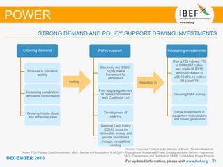 2121
DECEMBER 2016
For updated information, please visit www.ibef.org
STRONG DEMAND AND POLICY SUPPORT DRIVING INVESTMENTS
POWER
Policy support
Electricity Act (2003):
highly liberal
framework for
generation
Fuel supply agreement
of power companies
with Coal India Ltd
Development of
UMPPs
Increase in industrial
activity
Increasing investments
Growing M&A activity
Large investments in
equipment manufacture
and power generation
Inviting Resulting in
Increasing penetration,
per-capita consumption
Growing middle class
and consumer base
Growing demand
National Tariff Policy
(2016): focus on
renewable energy and
private investment
through competitive
bidding
Source: Corporate Catalyst India, Ministry of Power, TechSci Research,
Notes: FDI - Foreign Direct Investment, M&A - Merger and Acquisition, R-APDRP - Restructured Accelerated Power Development and Reform Programme,
T&D - Transmission and Distribution, UMPP - Ultra Mega Power Projects
Rising FDI inflows: FDI
of USD8547 million
was made till FY15,
which increased to
USD10,476.15 million
till March’16
 