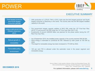 33
DECEMBER 2016
For updated information, please visit www.ibef.org
EXECUTIVE SUMMARY
POWER
Source: Make in India website, Ministry of New and Renewable Energy, IEA,
CEA (Central Electricity Authority), TechSci Research, Assorted articles
Notes: TWh - Terawatt Hours, GW – Gigawatt,
Third largest producer
and fourth largest
consumer globally
• With production of 1,278.91 TWh in 2015, India was the third largest producer and fourth
largest consumer of electricity in the world. The country also has the fifth largest installed
capacity in the world.
Large-scale government
initiated expansion
plans
• The government targets capacity addition of 88.5 GW under the 12th Five-Year Plan
(2012–17) and around 100 GW under the 13th Five-Year Plan (2017–22)
• Investments of around USD250 billion are planned for the power sector during the 12th
Plan Five-Year Plan.
Robust growth in
renewables
• As of September 2016, the installed power capacity in the country reached 306.36 GW.
• Wind energy is estimated to contribute 60 GW, followed by solar power at 100 GW by
2022.
• The target for renewable energy has been increased to 175 GW by 2022.
Favourable policy
environment
• 100 per cent FDI is allowed under the automatic route in the power segment and
renewable energy.
 