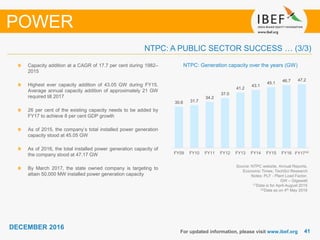 4141
DECEMBER 2016
For updated information, please visit www.ibef.org
POWER
Source: NTPC website, Annual Reports,
Economic Times, TechSci Research
Notes: PLF - Plant Load Factor,
GW – Gigawatt
(1)Data is for April-August 2015
(2)Data as on 4th May 2016
NTPC: Generation capacity over the years (GW)Capacity addition at a CAGR of 17.7 per cent during 1982–
2015
Highest ever capacity addition of 43.05 GW during FY15.
Average annual capacity addition of approximately 21 GW
required till 2017
26 per cent of the existing capacity needs to be added by
FY17 to achieve 8 per cent GDP growth
As of 2015, the company’s total installed power generation
capacity stood at 45.05 GW
As of 2016, the total installed power generation capacity of
the company stood at 47.17 GW
By March 2017, the state owned company is targeting to
attain 50,000 MW installed power generation capacity
NTPC: A PUBLIC SECTOR SUCCESS … (3/3)
30.6 31.7
34.2
37.0
41.2
43.1
45.1
46.7 47.2
FY09 FY10 FY11 FY12 FY13 FY14 FY15 FY16 FY17⁽²⁾
 