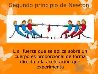 Segundo principio de Newton
L a fuerza que se aplica sobre un
cuerpo es proporcional de forma
directa a la aceleración que
experimenta
 