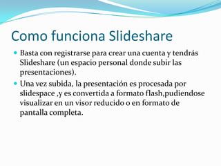 Como funciona SlideshareBasta con registrarse para crear una cuenta y tendrás Slideshare (un espacio personal donde subir las presentaciones).Una vez subida, la presentación es procesada por slidespace ,y es convertida a formato flash,pudiendose visualizar en un visor reducido o en formato de pantalla completa.