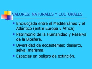 VALORES: NATURALES Y CULTURALES Encrucijada entre el Mediterráneo y el Atlántico (entre Europa y África) Patrimonio de la Humanidad y Reserva de la Biosfera. Diversidad de ecosistemas: desierto, selva, marisma. Especies en peligro de extinción.  