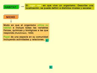 HABITATHABITAT
El lugar real en que vive un organismo. Describe una
localización, se puede definir a distintos niveles y escalas
NICHONICHO
Modo en que el organismo utiliza su
hábitat e incluye todas las variables
físicas, químicas y biológicas a las que
responde.(Hutchinson, 1958)
Papel de una especie en su comunidad
incluyendo actividades y relaciones.
 