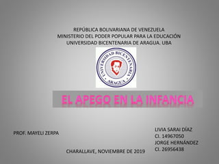 REPÚBLICA BOLIVARIANA DE VENEZUELA
MINISTERIO DEL PODER POPULAR PARA LA EDUCACIÓN
UNIVERSIDAD BICENTENARIA DE ARAGUA. UBA
LIVIA SARAI DÍAZ
CI. 14967050
JORGE HERNÁNDEZ
CI. 26956438CHARALLAVE, NOVIEMBRE DE 2019
PROF. MAYELI ZERPA
 