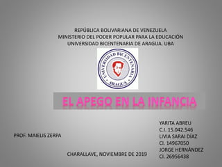 REPÚBLICA BOLIVARIANA DE VENEZUELA
MINISTERIO DEL PODER POPULAR PARA LA EDUCACIÓN
UNIVERSIDAD BICENTENARIA DE ARAGUA. UBA
YARITA ABREU
C.I. 15.042.546
LIVIA SARAI DÍAZ
CI. 14967050
JORGE HERNÁNDEZ
CI. 26956438CHARALLAVE, NOVIEMBRE DE 2019
PROF. MAIELIS ZERPA
 