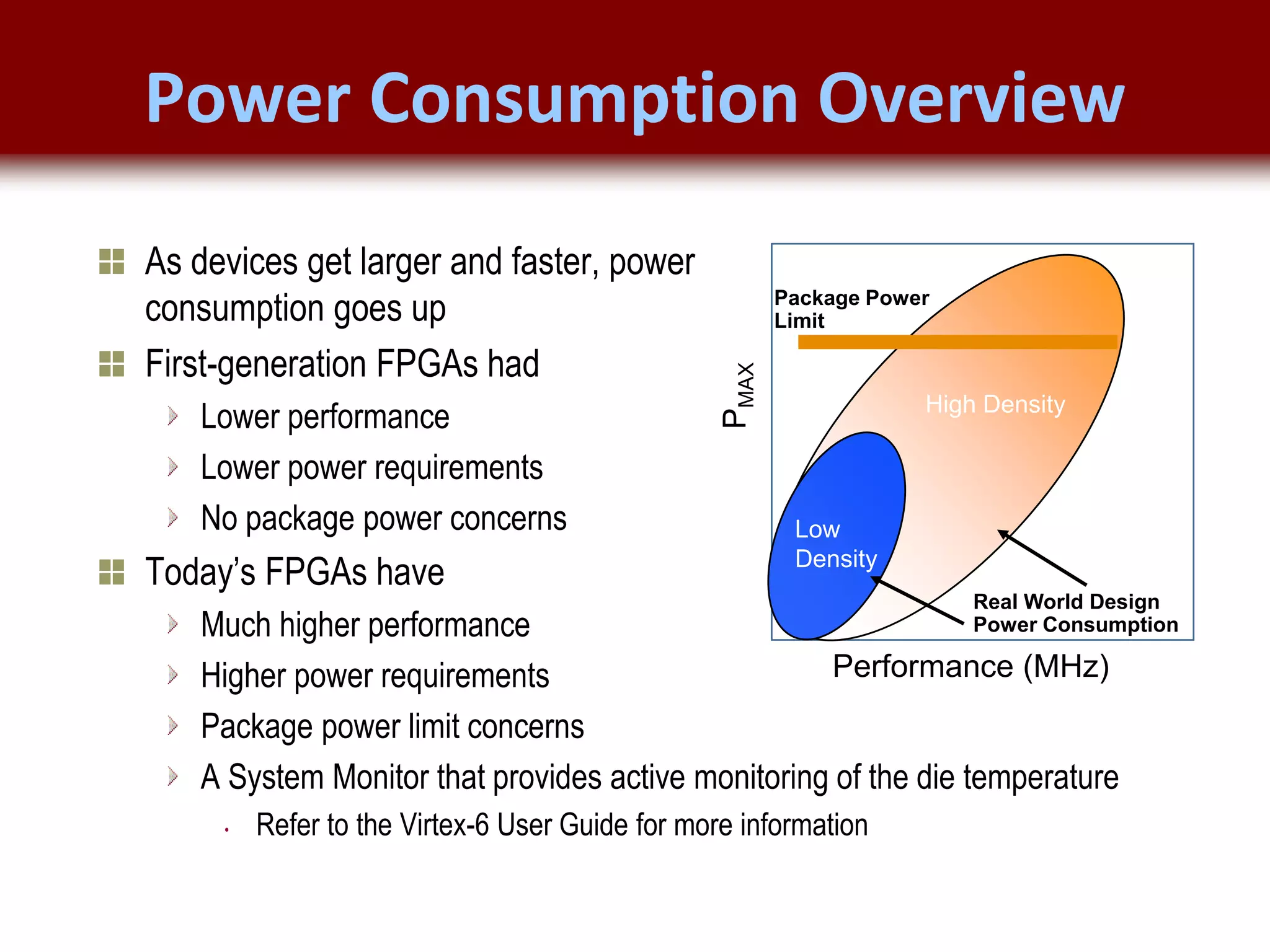 © 2007 Xilinx, Inc. All Rights Reserved
FPGA and ASIC Technology
Comparison - 4
© 2007 Xilinx, Inc. All Rights Reserved
FPGA and ASIC Technology
Comparison - 4
© 2009 Xilinx, Inc. All Rights Reserved
Power Consumption Overview
As devices get larger and faster, power
consumption goes up
First-generation FPGAs had
Lower performance
Lower power requirements
No package power concerns
Today’s FPGAs have
Much higher performance
Higher power requirements
Package power limit concerns
A System Monitor that provides active monitoring of the die temperature
• Refer to the Virtex-6 User Guide for more information
Performance (MHz)
P
MAX
Package Power
Limit
Real World Design
Power Consumption
High Density
Low
Density
 