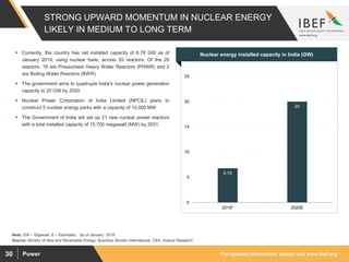For updated information, please visit www.ibef.orgPower30
STRONG UPWARD MOMENTUM IN NUCLEAR ENERGY
LIKELY IN MEDIUM TO LONG TERM
6.78
20
0
5
10
15
20
25
2018* 2020E
Source: Ministry of New and Renewable Energy, Business Monitor International, CEA, Aranca Research
Note: GW – Gigawatt, E – Estimates, *as of January 2019
 Currently, the country has net installed capacity of 6.78 GW as of
January 2019, using nuclear fuels, across 20 reactors. Of the 20
reactors, 18 are Pressurised Heavy Water Reactors (PHWR) and 2
are Boiling Water Reactors (BWR).
 The government aims to quadruple India’s nuclear power generation
capacity to 20 GW by 2020.
 Nuclear Power Corporation of India Limited (NPCIL) plans to
construct 5 nuclear energy parks with a capacity of 10,000 MW.
 The Government of India will set up 21 new nuclear power reactors
with a total installed capacity of 15,700 megawatt (MW) by 2031.
Visakhapatnam port traffic (million tonnes)Nuclear energy installed capacity in India (GW)
 