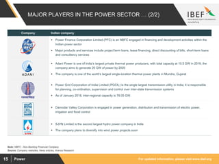 For updated information, please visit www.ibef.orgPower15
MAJOR PLAYERS IN THE POWER SECTOR … (2/2)
Source: Company websites, News articles, Aranca Research
Company Indian company
 Power Finance Corporation Limited (PFC) is an NBFC engaged in financing and development activities within the
Indian power sector
 Major products and services include project term loans, lease financing, direct discounting of bills, short-term loans
and consultancy services
 Adani Power is one of India’s largest private thermal power producers, with total capacity at 10.5 GW in 2016; the
company aims to generate 20 GW of power by 2020
 The company is one of the world’s largest single-location thermal power plants in Mundra, Gujarat
 Power Grid Corporation of India Limited (PGCIL) is the single largest transmission utility in India; it is responsible
for planning, co-ordination, supervision and control over inter-state transmission systems
 As of January 2018, inter-regional capacity is 78.05 GW.
 Damodar Valley Corporation is engaged in power generation, distribution and transmission of electric power,
irrigation and flood control
 SJVN Limited is the second largest hydro power company in India
 The company plans to diversify into wind power projects soon
Note: NBFC - Non-Banking Financial Company
 