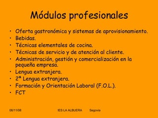 Módulos profesionales Oferta gastronómica y sistemas de aprovisionamiento.  Bebidas.  Técnicas elementales de cocina.  Técnicas de servicio y de atención al cliente.  Administración, gestión y comercialización en la pequeña empresa.  Lengua extranjera.  2ª Lengua extranjera.  Formación y Orientación Laboral (F.O.L.).  FCT 