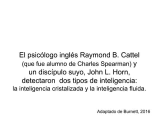 El psicólogo inglés Raymond B. Cattel
(que fue alumno de Charles Spearman) y
un discípulo suyo, John L. Horn,
detectaron dos tipos de inteligencia:
la inteligencia cristalizada y la inteligencia fluida.
Adaptado de Burnett, 2016
 