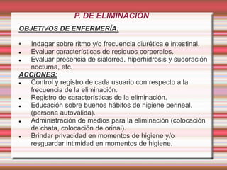 P. DE ELIMINACIÓN
OBJETIVOS DE ENFERMERÍA:
• Indagar sobre ritmo y/o frecuencia diurética e intestinal.
 Evaluar características de residuos corporales.
 Evaluar presencia de sialorrea, hiperhidrosis y sudoración
nocturna, etc.
ACCIONES:
 Control y registro de cada usuario con respecto a la
frecuencia de la eliminación.
 Registro de características de la eliminación.
 Educación sobre buenos hábitos de higiene perineal.
(persona autoválida).
 Administración de medios para la eliminación (colocación
de chata, colocación de orinal).
 Brindar privacidad en momentos de higiene y/o
resguardar intimidad en momentos de higiene.
 