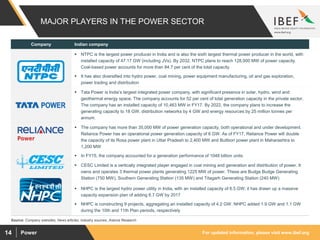 For updated information, please visit www.ibef.orgPower14
MAJOR PLAYERS IN THE POWER SECTOR
Source: Company websites, News articles, Industry sources, Aranca Research
Company Indian company
 NTPC is the largest power producer in India and is also the sixth largest thermal power producer in the world, with
installed capacity of 47.17 GW (including JVs). By 2032, NTPC plans to reach 128,000 MW of power capacity.
Coal-based power accounts for more than 84.7 per cent of the total capacity
 It has also diversified into hydro power, coal mining, power equipment manufacturing, oil and gas exploration,
power trading and distribution
 Tata Power is India’s largest integrated power company, with significant presence in solar, hydro, wind and
geothermal energy space. The company accounts for 52 per cent of total generation capacity in the private sector.
The company has an installed capacity of 10,463 MW in FY17. By 2022, the company plans to increase the
generating capacity to 18 GW, distribution networks by 4 GW and energy resources by 25 million tonnes per
annum.
 The company has more than 35,000 MW of power generation capacity, both operational and under development.
Reliance Power has an operational power generation capacity of 6 GW. As of FY17, Reliance Power will double
the capacity of its Rosa power plant in Uttar Pradesh to 2,400 MW and Butibori power plant in Maharashtra to
1,200 MW
 In FY15, the company accounted for a generation performance of 1048 billion units.
 CESC Limited is a vertically integrated player engaged in coal mining and generation and distribution of power. It
owns and operates 3 thermal power plants generating 1225 MW of power. These are Budge Budge Generating
Station (750 MW), Southern Generating Station (135 MW) and Titagarh Generating Station (240 MW)
 NHPC is the largest hydro power utility in India, with an installed capacity of 6.5 GW; it has drawn up a massive
capacity expansion plan of adding 6.7 GW by 2017
 NHPC is constructing 9 projects, aggregating an installed capacity of 4.2 GW. NHPC added 1.9 GW and 1.1 GW
during the 10th and 11th Plan periods, respectively
 