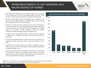For updated information, please visit www.ibef.orgPower32
RENEWABLE ENERGY IS FAST EMERGING AS A
MAJOR SOURCE OF POWER
305
97
80 79
48 47
440
0
50
100
150
200
250
300
350
400
450
500
China Brazil US Canada Russia India Rest of
world
Source: Renewables 2015 Global Status Report (REN21), Aranca Research, CEA
Notes: TWh - Tera Watt Hour; GW – Gigawatt Figures mentioned in the graph is as per latest data available
 Wind energy is the largest source of renewable energy in India; it accounts
for an estimated 64.77 per cent of total installed capacity (24.7 GW). There
are plans to double wind power generation capacity to 20 GW by 2022.
 Biomass is the 2nd largest source of renewable energy, accounting for ~12
per cent of total installed capacity in renewable energy. There is a strong
upside potential in biomass in the coming years.
 In May 2017, India’s solar power tariffs fell to a new low of US$ 0.038 per
unit during the auction of a 250 megawatt capacity at Bhadla in Rajasthan.
This bid was placed by South Africa’s Phelan Energy Group and Avaada
Power to win contracts to build capacities of 50MW and 100MW,
respectively, at Adani Renewable Energy Park Rajasthan Ltd.
 In February 2017, low solar tariffs tendered in India at auction, is expected
to catalyse green investments and help in reducing the dependency on
fossils fuels.
 On account of anticipated decline in solar panel prices, due to supply glut in
international market, solar power prices in India are estimated to fall by
2018.
 In March 2017, the Power Ministry has launched an application named -
GARV-II, to provide real time data related to rural electrification regarding all
un-electrified villages in India.
 Declining solar power prices as compared to thermal power has prompted
the government to switch to the renewable energy resources. Three coal
power projects have been shelved in Odisha, Gujarat and Uttar Pradesh due
to low rate of renewable solar energy at US$0.038 / kWh.
Visakhapatnam port traffic (million tonnes)Hydro power generation capacity at the end of 2016(GW)
 