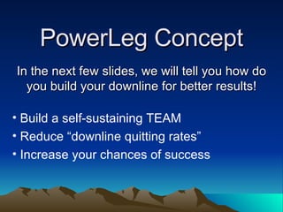 PowerLeg Concept In the next few slides, we will tell you how do you build your downline for better results! ,[object Object],[object Object],[object Object]